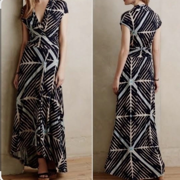 MAEVE By Anthropologie, Elegant Blue and Tan Patterned Maxi Dress.Size XS - Picture 10 of 10